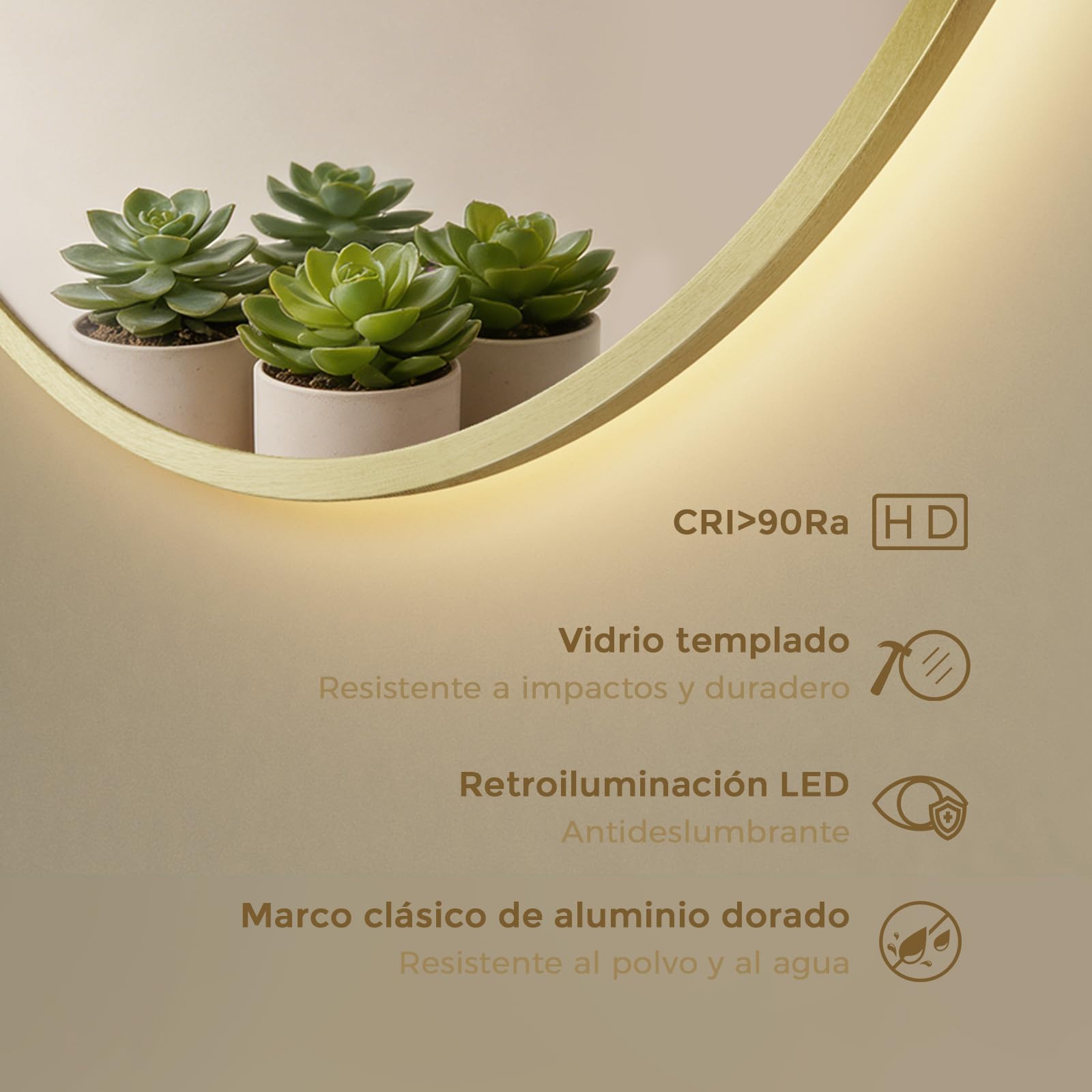 S'AFIELINA Espejo Baño con Luz LED Redondo Ø70 cm, Marco Dorado | Espejo Redondo de Baño con LED, Espejo Retroiluminado, Diseño Sin Marco, Luz Neutra, Espejo de Pared, Decorativo para Baño