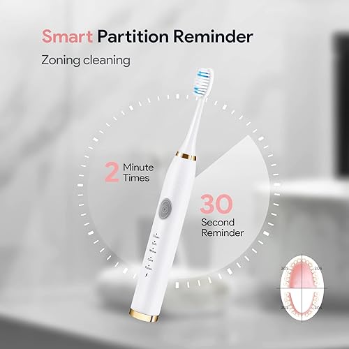 Miniatura 6 de PHXCHAM Paquete de 2 cepillos de dientes eléctricos para adultos, cepillos de dientes eléctricos recargables con 10 cabezales de cepillo (blanco y