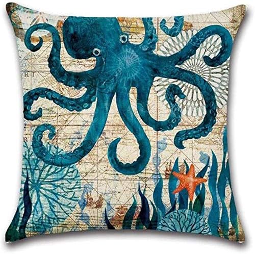 Blue Ocean Theme Nautical Coastal Octopus Hippocampus Turtle Whale Mediterranean Style Decorative Pillow Cases Home Decor Square 18x18 Inches Pillowcases
