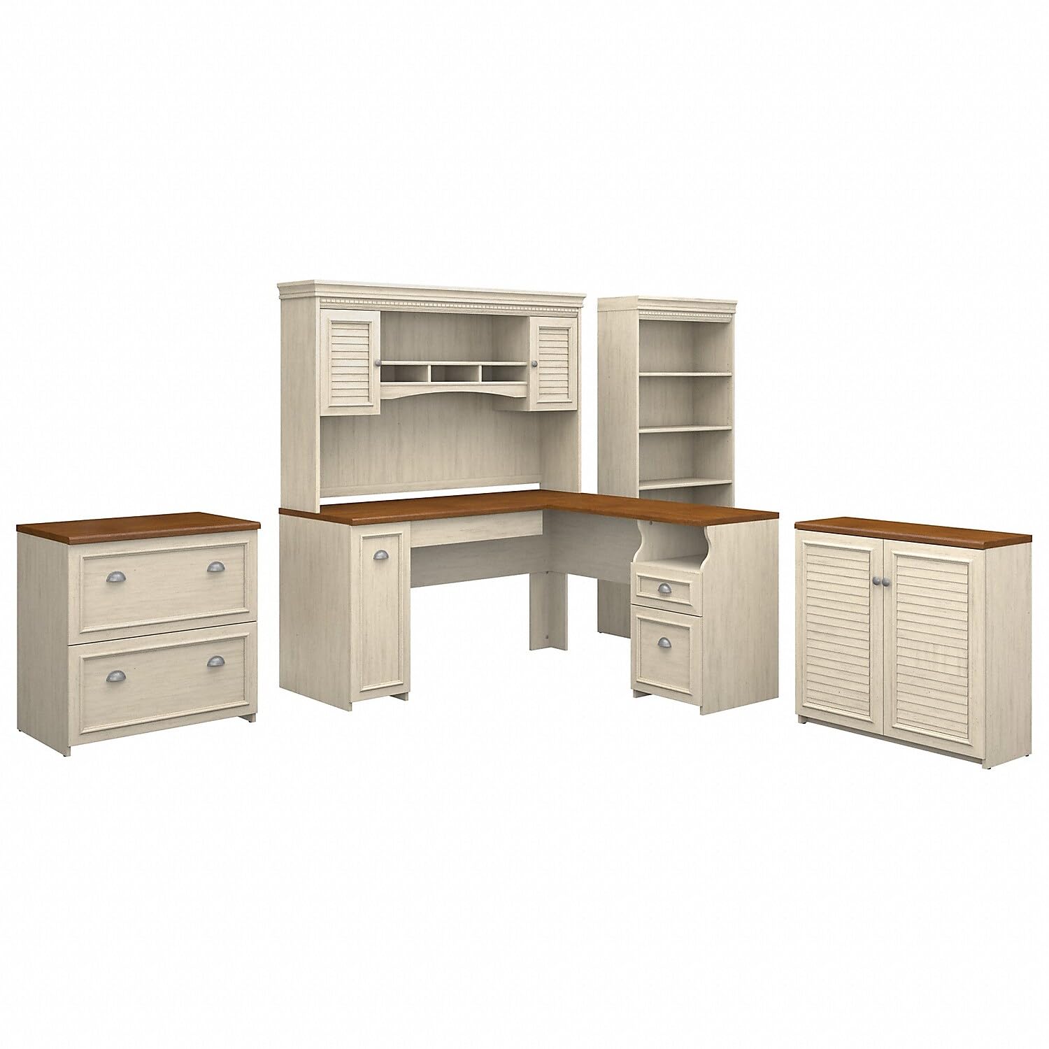 Bush Furniture Fairview 60W L Shaped Desk with Hutch, File Cabinet, Bookcase and Storage in Antique White and Tea Maple