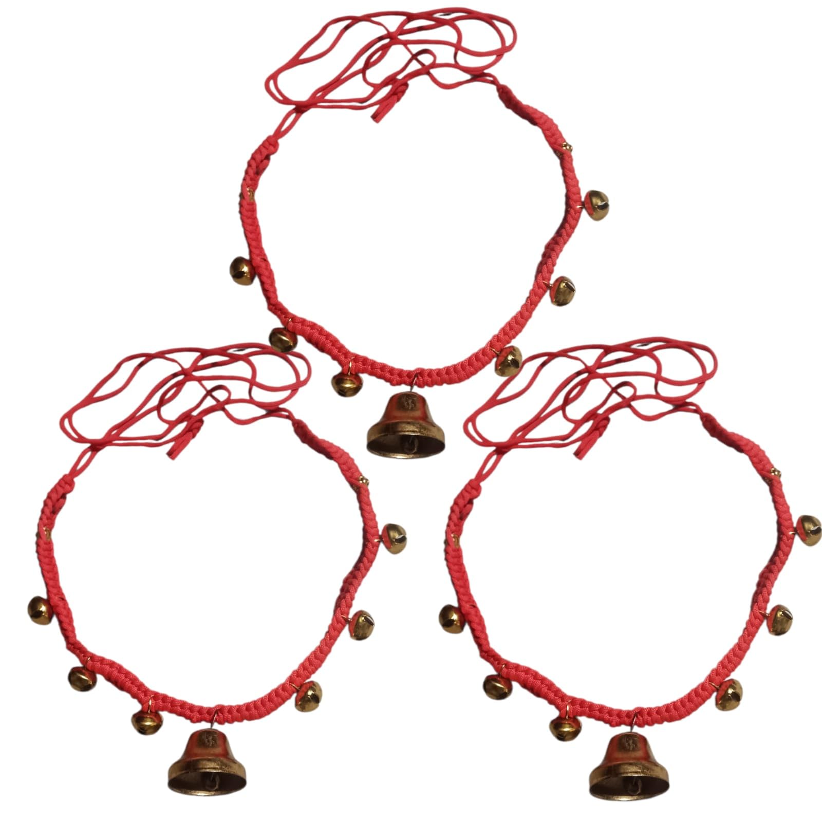 Red Decorative Bell Necklace for Cow and Buffalo, Pack of 3, Traditional Dhaga Mala with 6 Small Bells