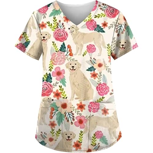 Women's Animal Printed Scrub Tops Plus Size V-Neck T Shirts Workwear Nurse Uniform Tee with Pockets