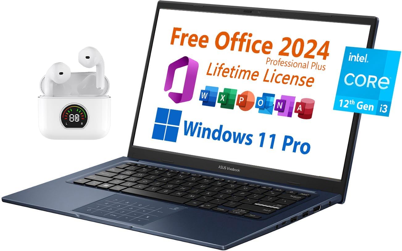 ASUS Vivobook 14" Laptop, Free Microsoft Office 2024 with Lifetime License, FHD Non-Touch Display, Intel 6-Core i3-1215U 4.4 GHz, WiFi 6E, 16GB RAM, 512GB SSD, 10 hrs Battery, Toree Wireless Earbuds