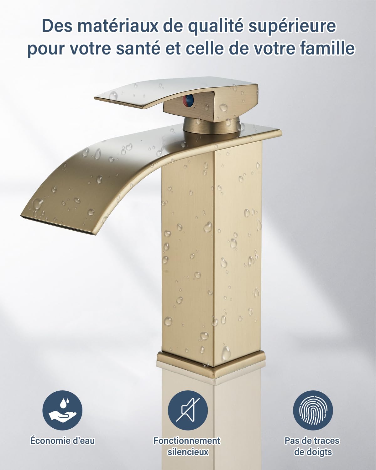 Moderne Robinet Salle de Bain Cascade, Design Elégant Robinet Lavabo, Eau Chaude et Froide Disponible,Robinet Mitigeur de Salle de Bain à Cascade à Trous,Finition Dorée Brossée