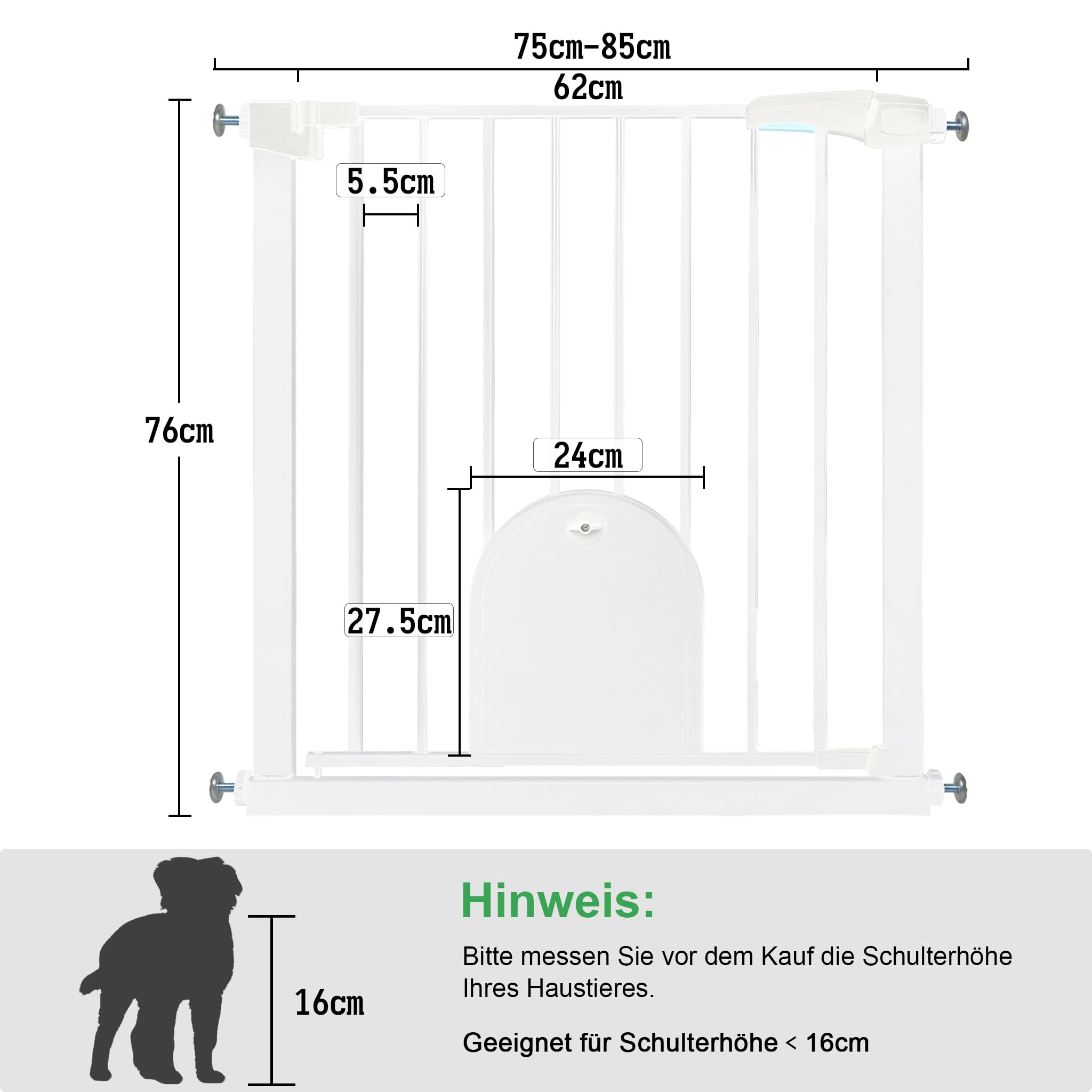 UISEBRT Treppenschutzgitter Türschutzgitter Ohne Bohren Treppengitter mit Katzentür Haustiertür, für Breiten 75-85 cm, Selbstschließend, Einhändiges Öffnen Metall Gitter, Weiß