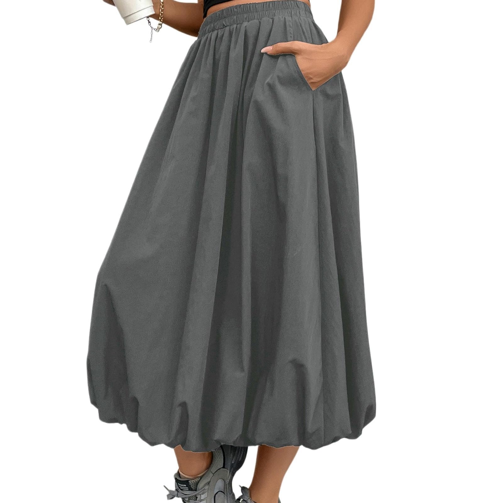 Faldas Falda Tulipán Holgada, Estilo Urbano, Cintura Elástica, Midi Hinchada-Gris-XL