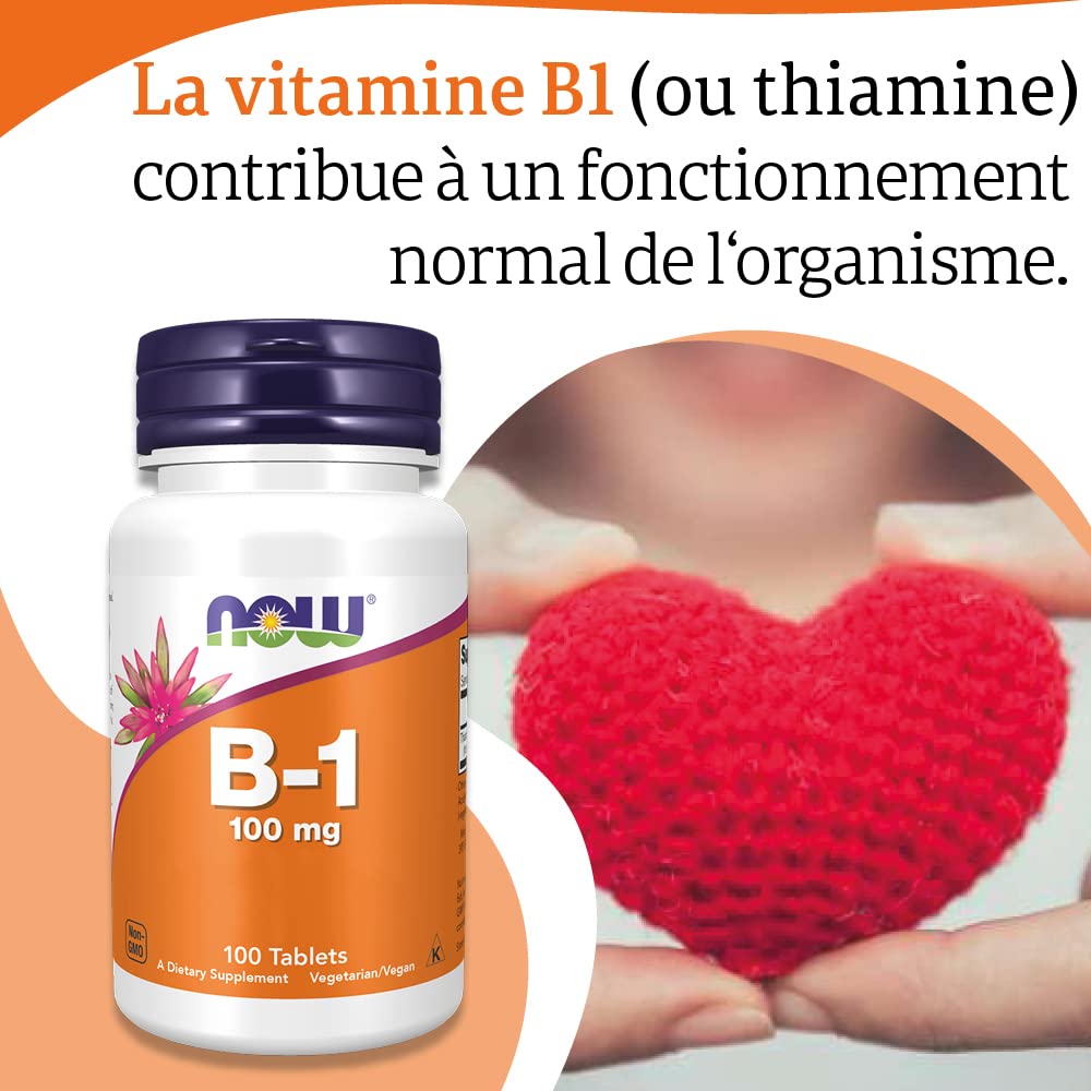 Now Foods, B-1, 100mg, 100 Comprimés végétaliens, Testé en Laboratoire, Vitamine B1, Thiamine, Sans Gluten, Sans Soja, Végétarien