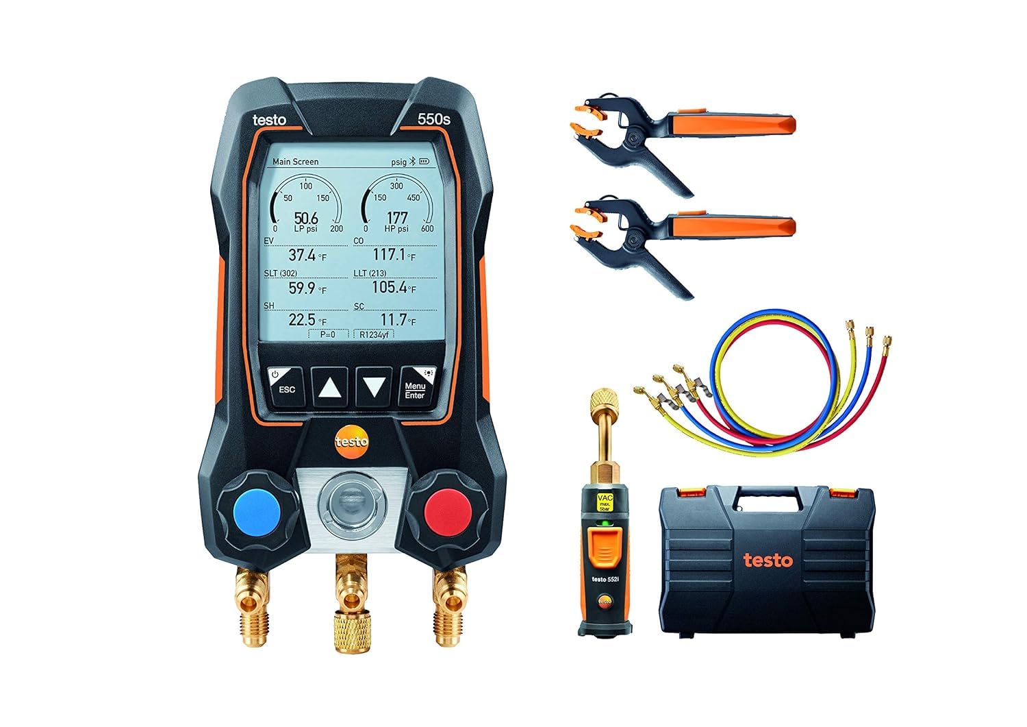 Testo 550s Kit I App Operated Digital Manifold, 2 x testo 115i Pipe Clamp Thermometer, 1 x testo 552i Micron Gauge and a Set of 3 Hoses I for HVAC Systems – with Bluetooth, Black