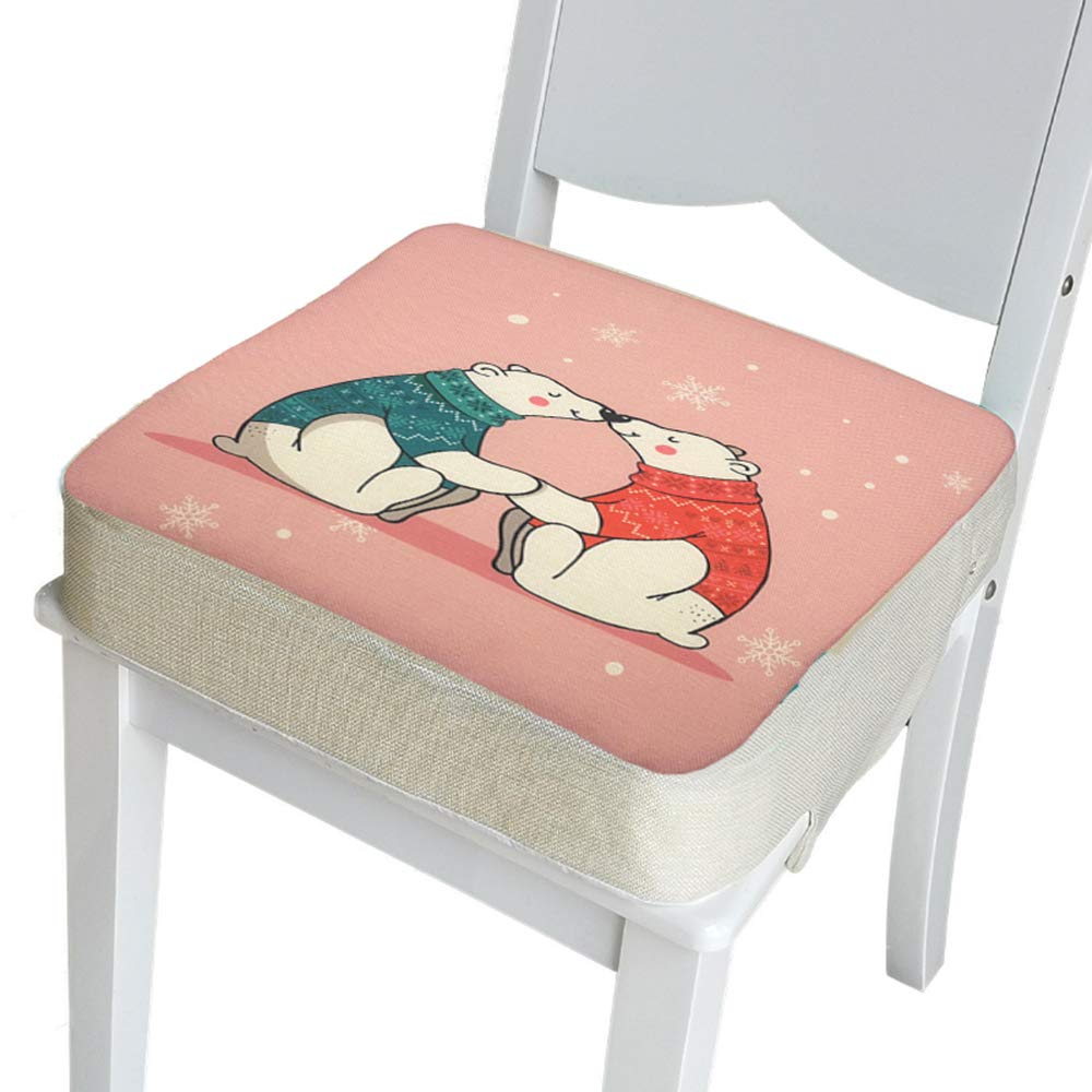 Baby Booster Seat Cushion Square, Fansu Cartoon Printed Toddler Kid Dismountable Heightening Dining Chairs Pad Washable Thick Highchair Booster Cushion Mat with Straps (Polar Bear,15.7x15.7x2 in)