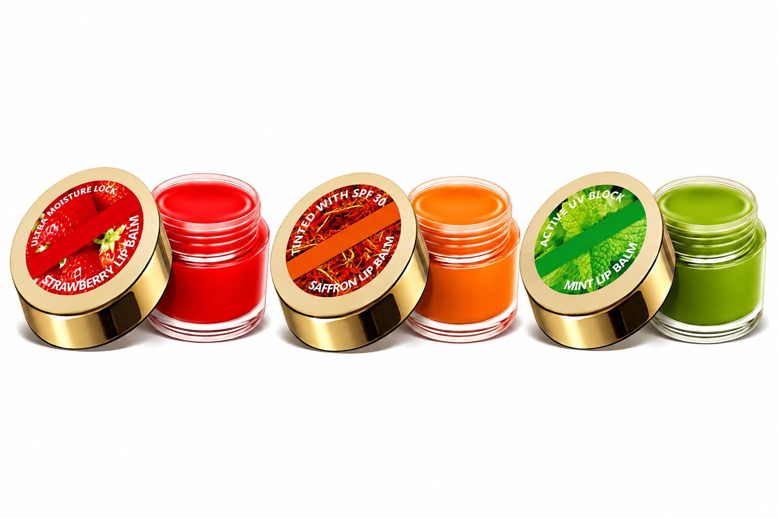 lip balm set - strawberry, saffron & mint, pack of 3 | ultra moisture lock, tinted with spf 30, active uv block, 3 flavours, nourishing formula