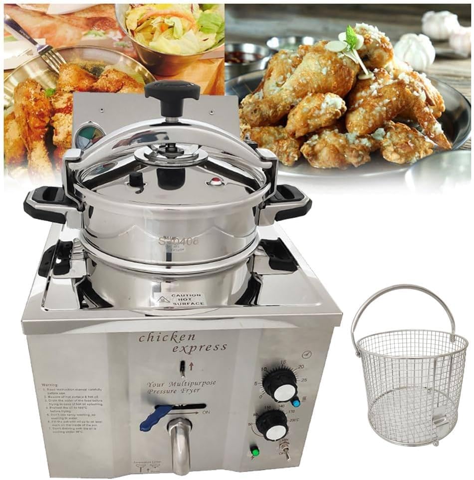 16L電気カウンタートップ圧力フライヤー、304ステンレス製業務用電気カウンタートップ圧力エア 16L カウンタートップ圧力フライヤー 、ステンレススチール製業務用電気チキンフライヤー、3KW カウンタートップ圧力鍋、タイマーと可