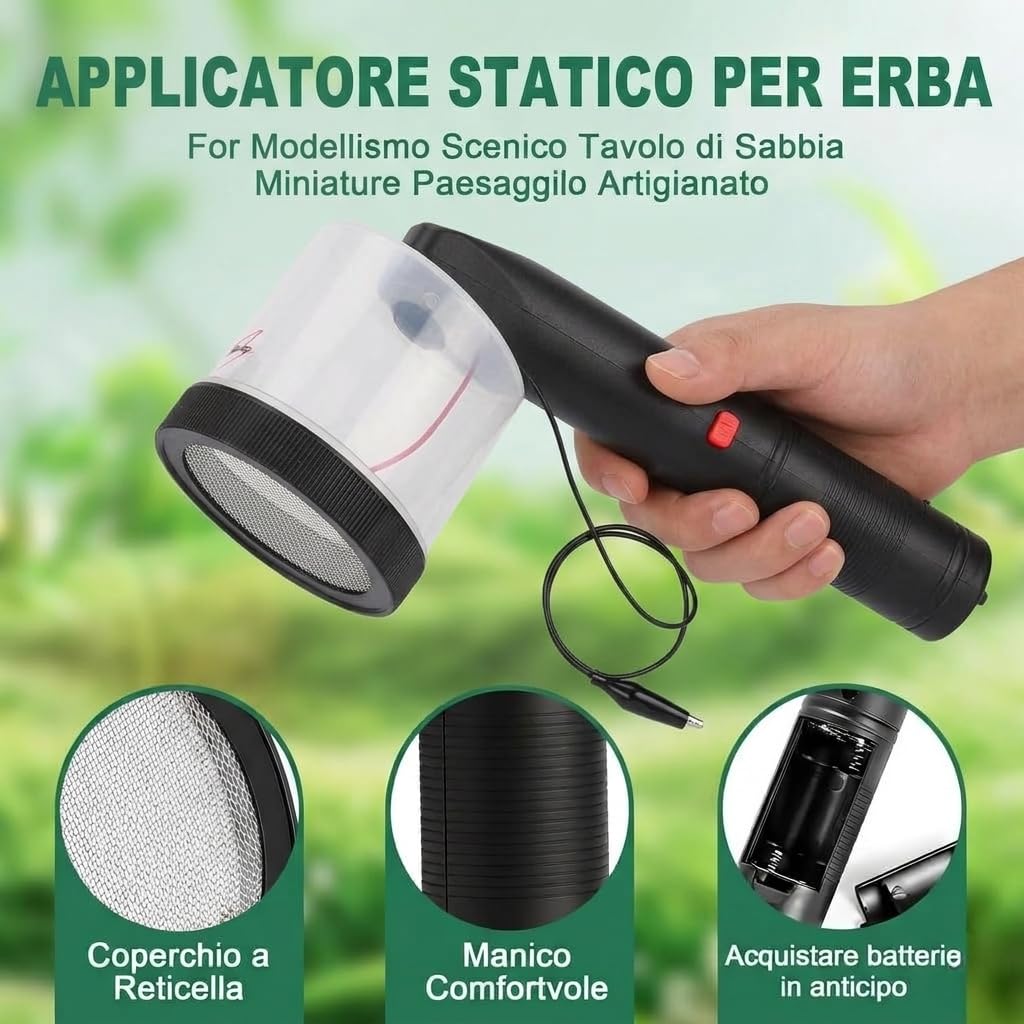Applicatore di erba statica, strumento elettrostatico per floccaggio con spazzola e 6 tubi per erba per fai da te prato in miniatura scena, modellismo, architettura, paesaggi