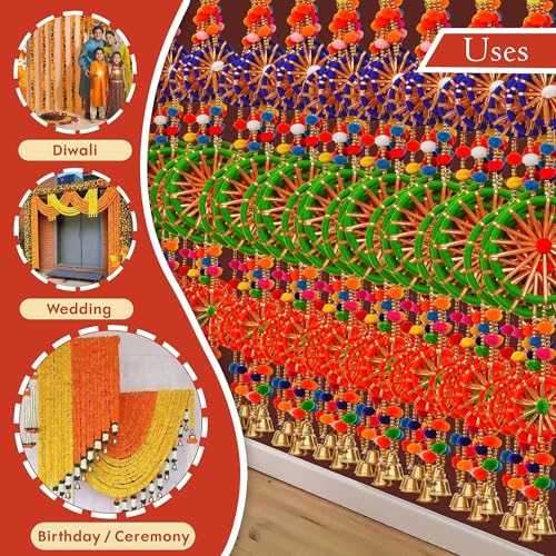 Image of eCraftIndia Multicolor Rings with Pom-Pom Tassels Bell Hangings (Pack of 4) Wall /Door Hangings, Toran for Home Decor - Ganesh Chaturthi, Navratri, and Diwali Decoration Items.