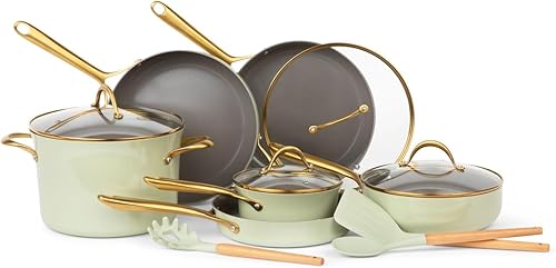 Juego de utensilios de cocina antiadherentes de 13 piezas con juego de utensilios de cocina, sin PFOA/PFAS/PTFE (salvia)