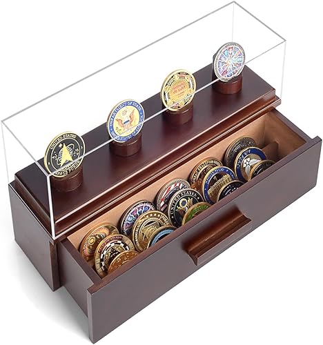 ULTRGEE Challenge - Estuche expositor de monedas para medallas militares, vitrina de madera con cajones y cubierta acrílica resistente a los rayos