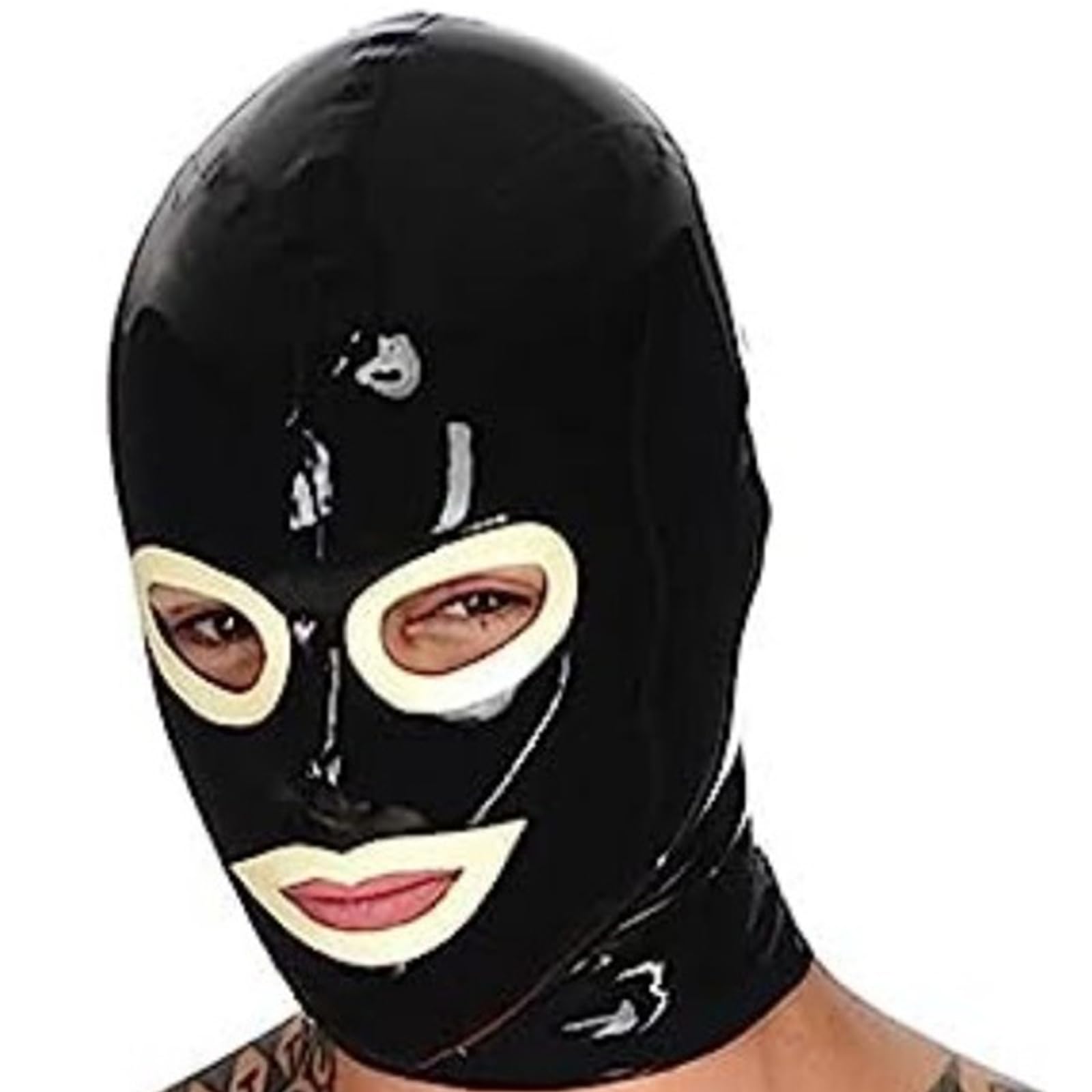 PRLBESL Black BDSM Latex Hood Open Eyes Mouth Nose Latex Head Cover Back Zipper Natural latex Handmade Fetish(Size:L-68CM)