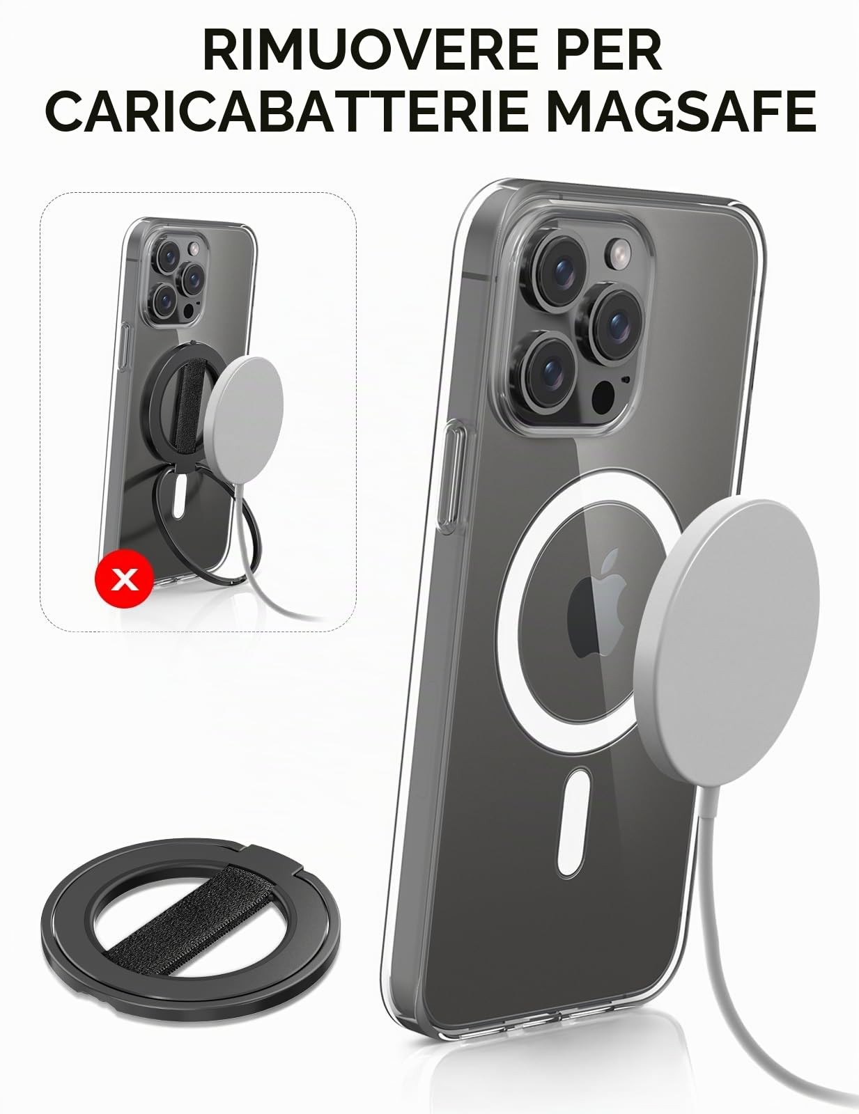EWA MagOne Ultra Impugnatura per cellulare con cinturino da dito elastico sostituibile, supporto ad anello rimovibile, magnetico su entrambi i lati, per iPhone 15, 14, 13, 12 - Nero