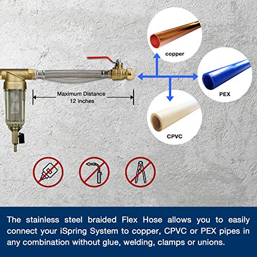 Image of iSpring WSP-50SL Spin Down Sediment Filter, Push Fit Ball Valve, 50 Micron | 2-in-1 Whole House Prefilter and Siliphos Scale Inhibitor, Sediment Buster, Flushable Reusable, Lead-Free Brass