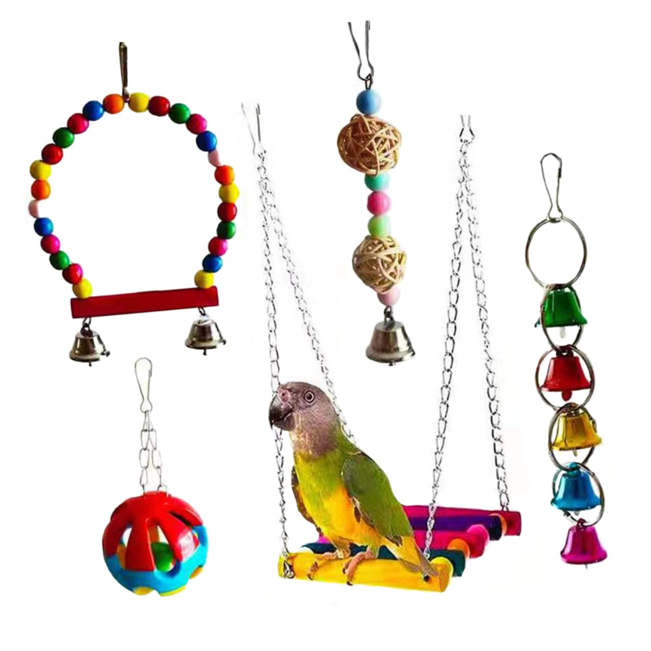 Juego de 5 Juguetes para Morder Loros Set de Juguetes Masticables para Pájaros Material Natural Seguro Diseño para Estimular Inteligencia en Aves Pequeñas y Medianas