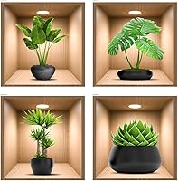 Vista 7 de Paquete de 4 Pegatinas de Pared de Plantas Verdes 3D Calcomanías de Pared de Plantas Botánicas para Dormitorio, Sala de Estar, Cocina
