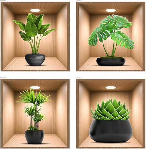 Miniatura 7 de Paquete de 4 Pegatinas de Pared de Plantas Verdes 3D Calcomanías de Pared de Plantas Botánicas para Dormitorio, Sala de Estar, Cocina