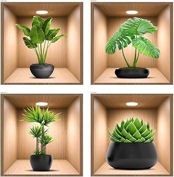 iMagitek 4 Pack 3D Green Plants Wall Decals, 3D Green Pot Plant Succulent Wall Stickers for Sofa Background Bedroom Living Room Kitchen