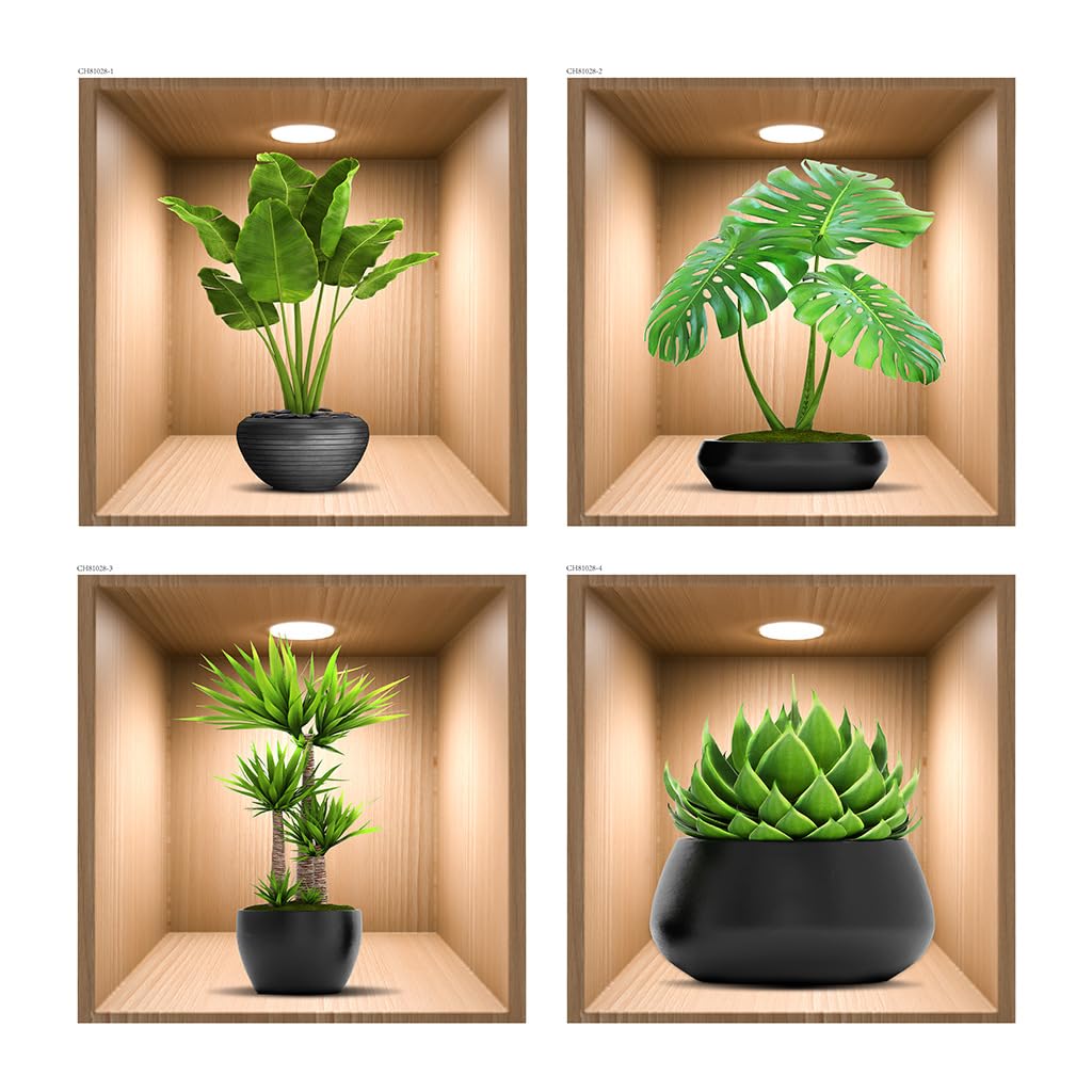 Autocollants muraux 3D plantes vertes en pot sticker trompe l'oeil pour deco salon et chambre