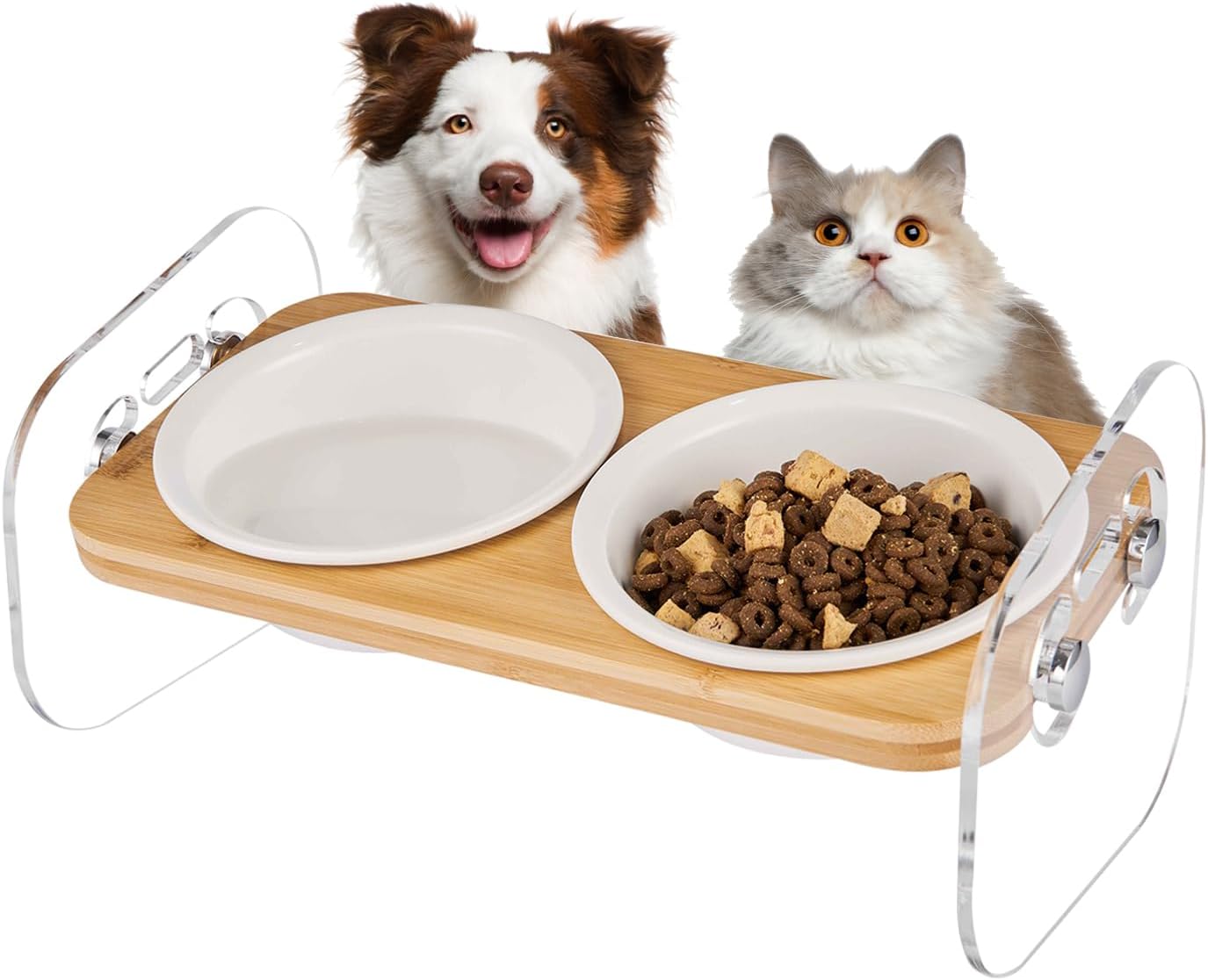 Elevated Cat Bowls, 15° Tilted Raised Cat Food Bowl with 2 Ceramic Bowls, Acrylic Dog Bowl Stand for Small Dogs