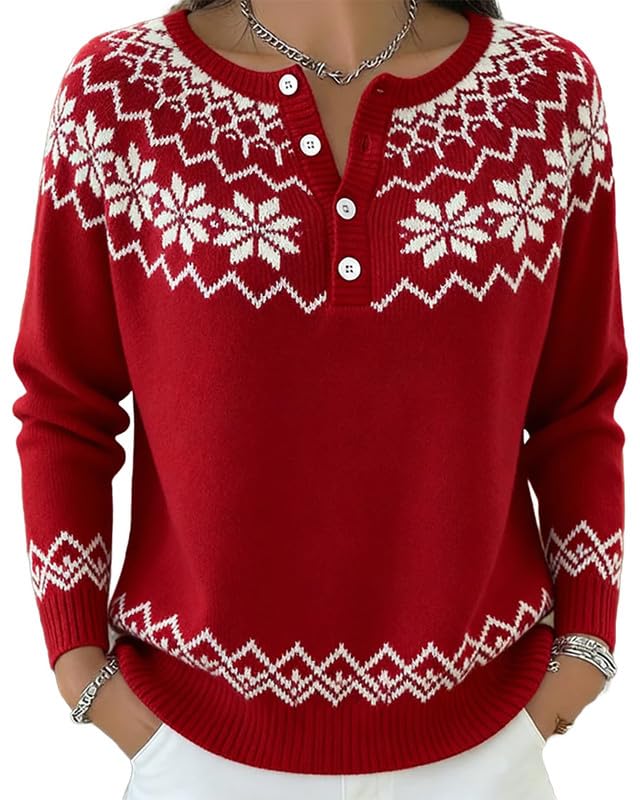 Womens Christmas Snowflake Sweater Long Sleeve Knit Pullover Holiday Winter Crewneck Festive Soft Warm Tops