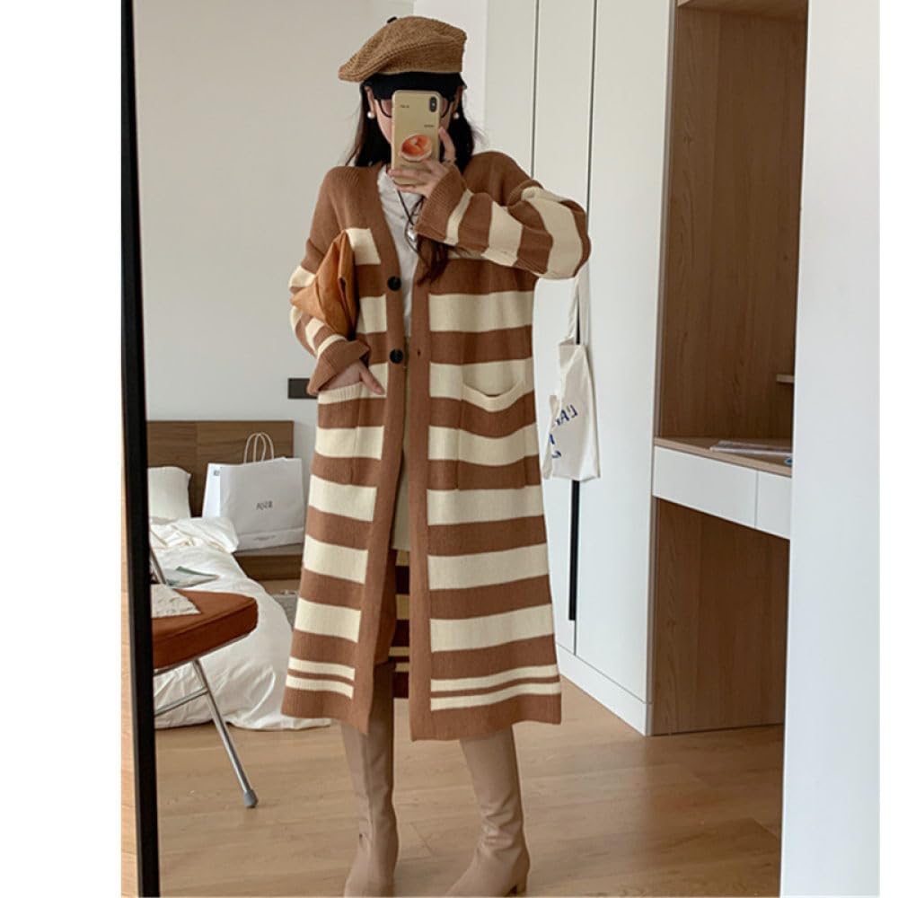 Cárdigans Largos Para Mujer,Rayas Vintage Cárdigan Largo De Punto Botones Delanteros Abiertos Suéter Con Cuello En V Para Mujer Abrigo Otoño Invierno Chaqueta De Punto Suelta Y Cálida Suéter P