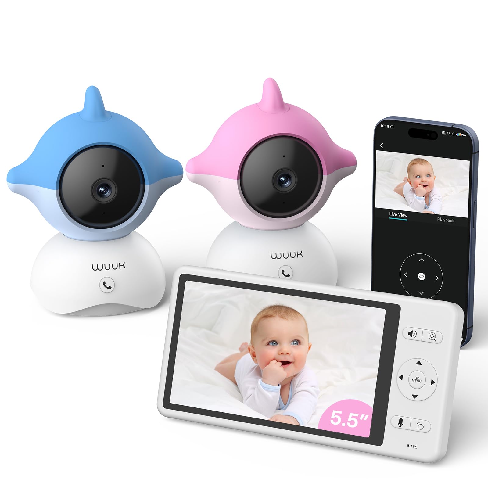 WUUK 2K Babyphone mit 2 Kameras (1 blau, 1 rosa), 5,5 Zoll Display | 360° Kamera, 135° Weiter Blickwinkel, APP Unterstützen, One-Touch-Anruf, Bewegungs/Geräuscherkennung, White Noise