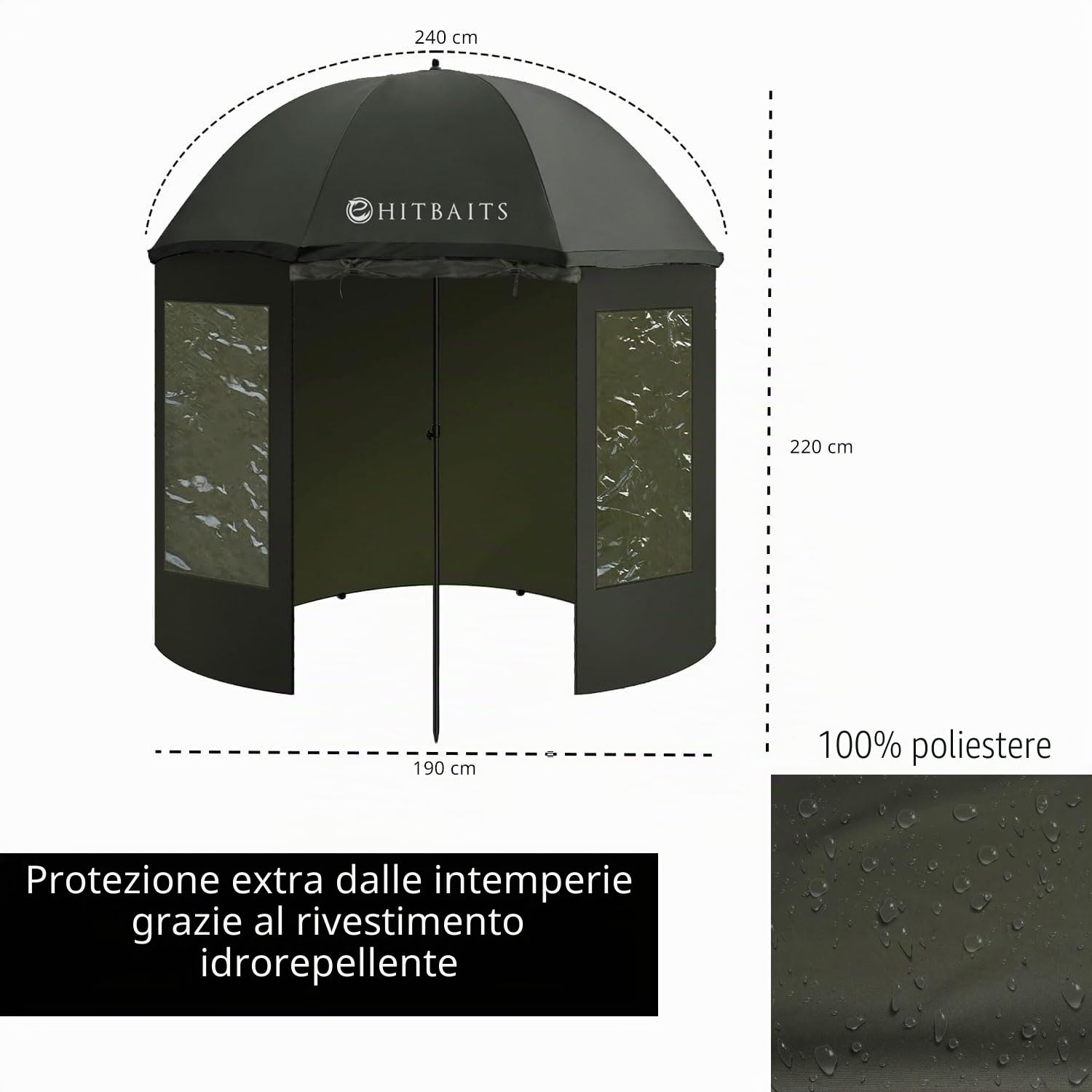 Ombrellone da Pesca Impermeabile, Ombrello Grande, Antivento, Accessori da Pesca, Facile da Montare, Rimovibile, Apertura Rapida, Durevole, con Finestre e Tettuccio Regolabile, 240 cm, Nero