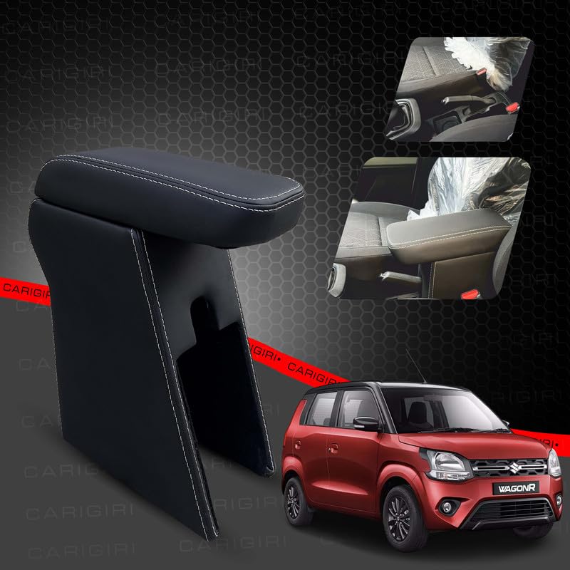 Image of Carigiri Premium Finish Car Armrest with Storage Box And High Density Moulded Foam For Maruti Suzuki WagonR (Models-2019-2024) (Black With White Double Stitching,Nappa Leatherette)