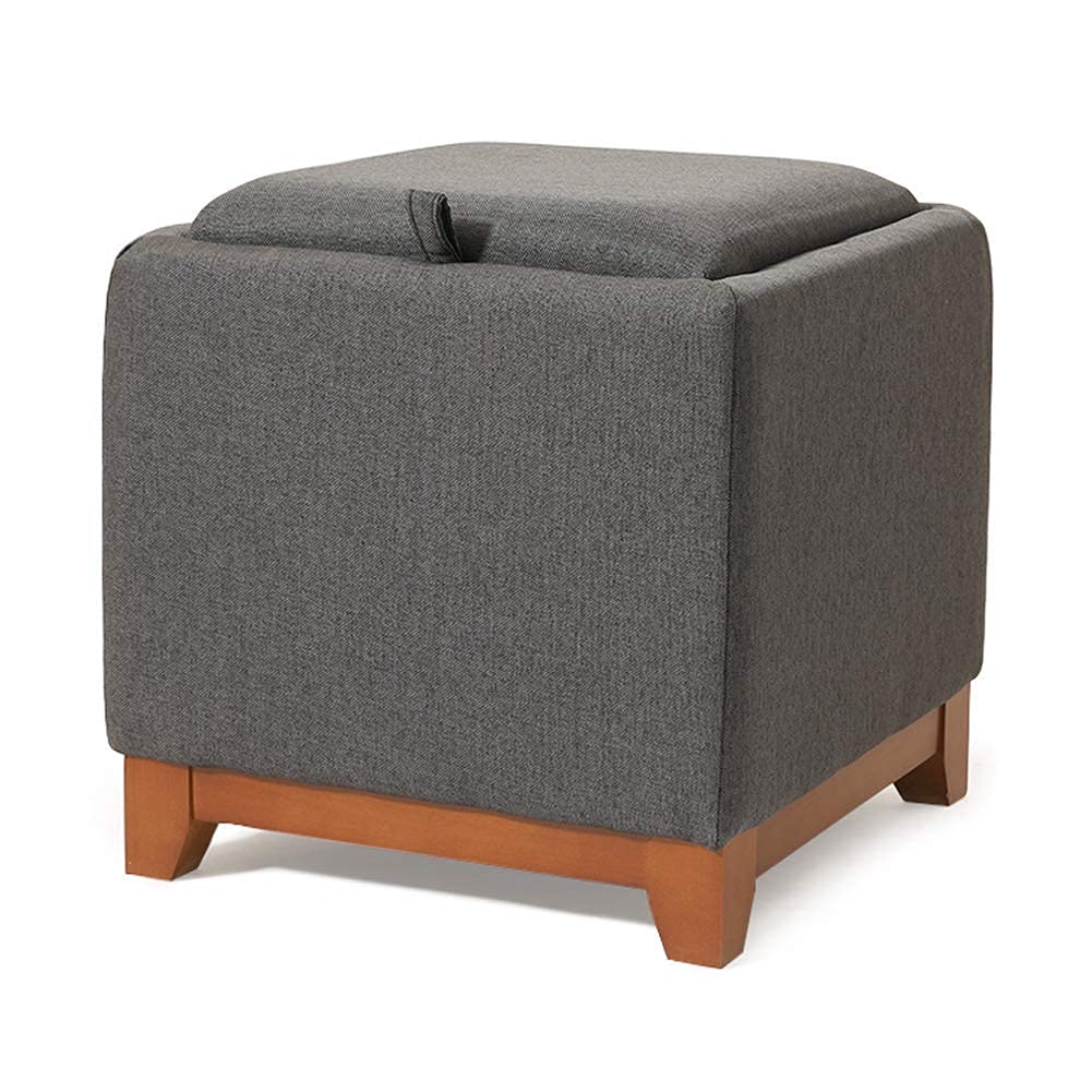 Pouf coffre de rangement lin rose avec tabouret assise amovible et pieds bois salon