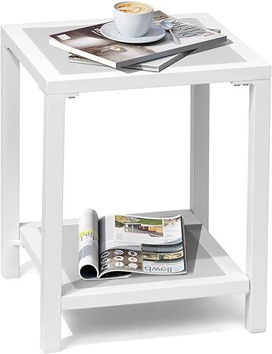 Miniatura 8 de Pellebant Pequeña mesa lateral cuadrada de aluminio para interiores y exteriores, mesa auxiliar, mesa de café para patio, mesa de bistró, gris claro