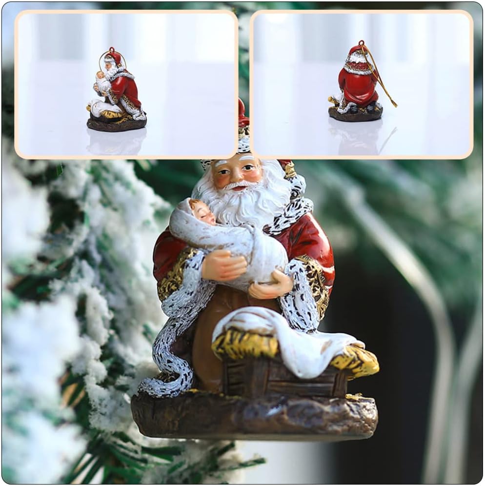 VALICLUD Sitting Santa with Baby Jesus and Lamb Figure Kneeling Santa Collection Resin Christmas Hanging Decoration Statue Xmas Fireplace Ornaments