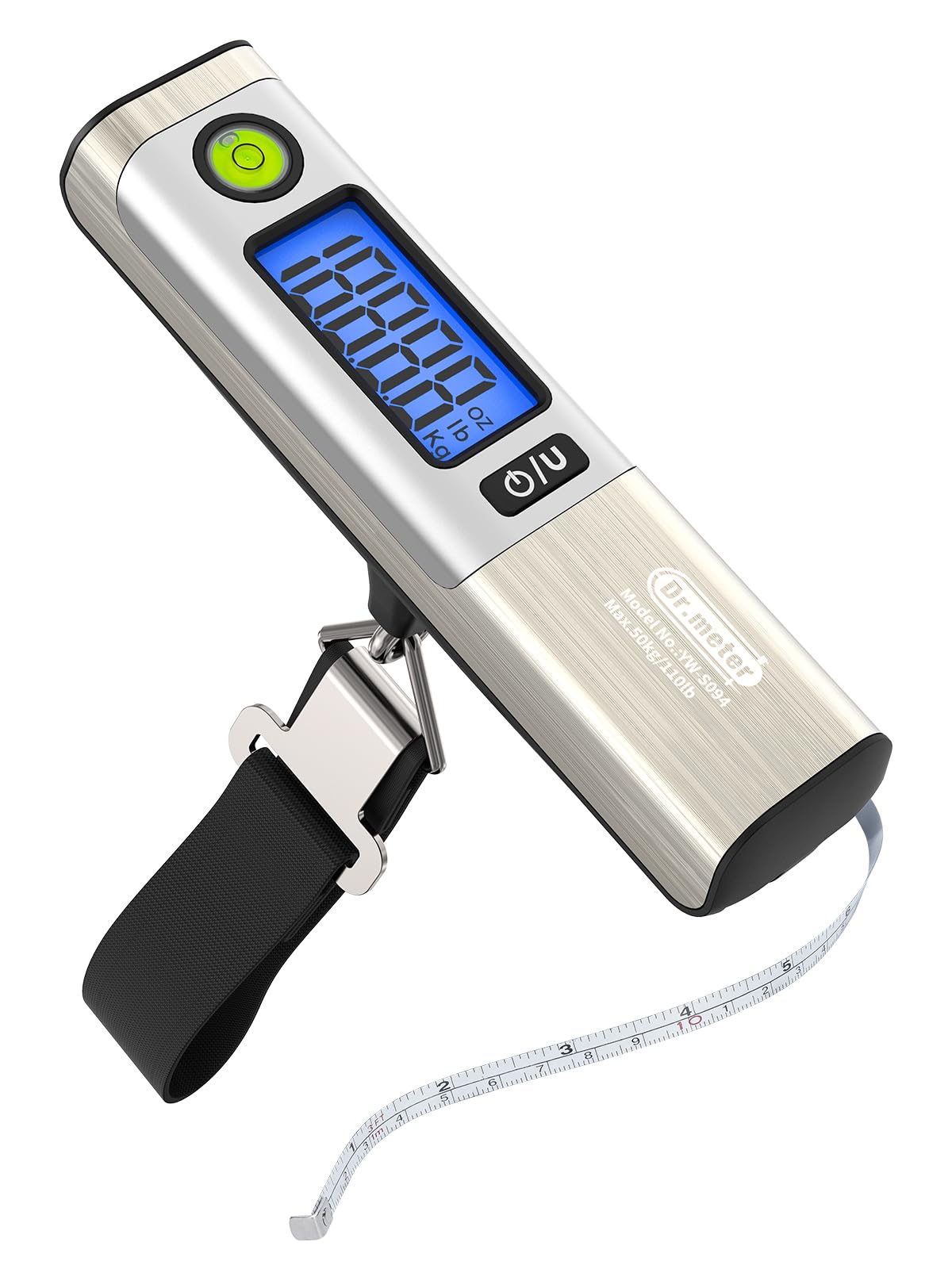 Dr.meter Waga podróżna z taśmą mierniczą, praktyczna cyfrowa waga bagażowa z hakiem (50 kg/110 lb) z wyświetlaczem LCD i ramieniem przeciążeniowym. Zintegrowana taśma miernicza do podróży wraz z