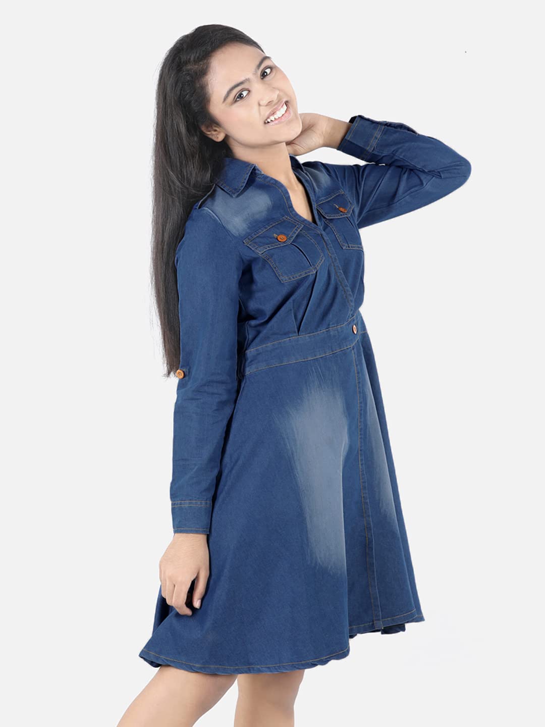 StyleStone Girls Denim Long Sleeve Dress (9401DnmCrossBtnDrs13-14) 1