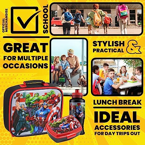 Marvel Brotdose Kindergarten Schule Set 3er Kinder Lunchbox Set mit Lunchtasche Brotdose und Trinkflasche Junge Avengers Spiderman (Mehrfarbig Avengers)