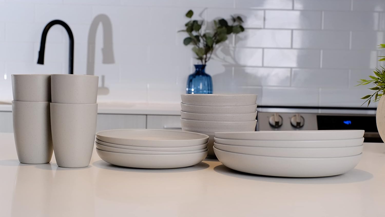 NARVE 16 Piece Wheat Straw Dinnerware Sets | Unbreakable, Microwave Safe, Dishwasher Safe | Lightweight Dinnerware Set | Reusable, Dorm Room Essentials, Dishes Set For 4 | Dishes | Dish Set, Grey