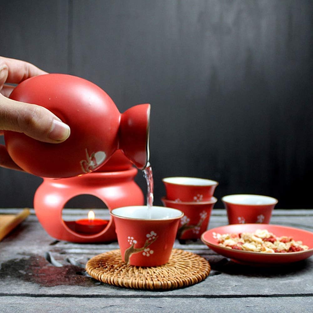 9 Pieces Sake Set Red Glazed Ceramic Wine Glasses Set with Warmer Pot and Candle Stove for Warm/Cold/Shochu/Tea Service Best Gift for Family and Friends-Combination Sets