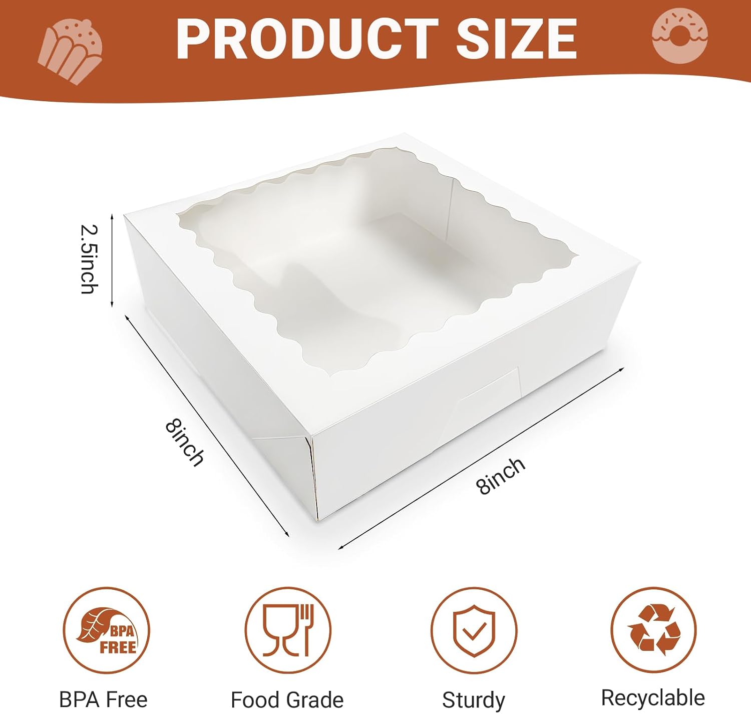 12 Pack White Pie Box Bakery Boxes with Window, 8 x 8 x 2.5 Inches Auto-Popup Cookie Boxes Treat Boxes for Chocolate Strawberries, Pastries, Muffins, Donuts image 2