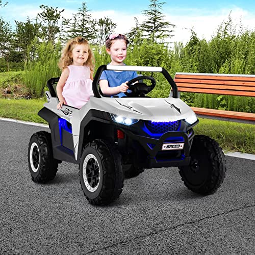 COSTWAY 2 Sitzer Kinderauto mit 2,4G Fernbedienung, 12V Kinder UTV mit Musik und Scheinwerfer, Elektro Auto 2-4 km/h, für Kinder ab 3 Jahren (Weiß)