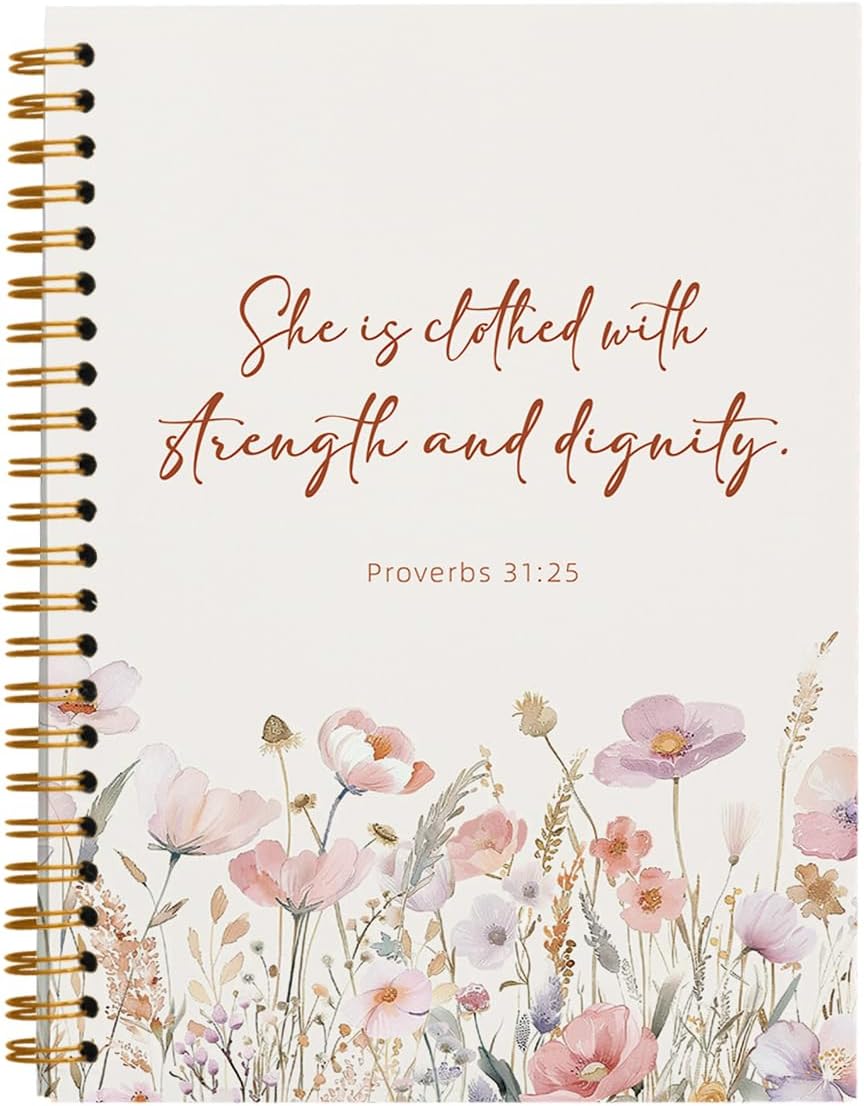 Floral Christian Notebook Journal for Women, Prayer Journal, She is Clothed with Strength and Dignity Bible Notebooks for Note Taking, Bible Journaling Notebook, Spiral Notebook 5.5x8.3 Inch