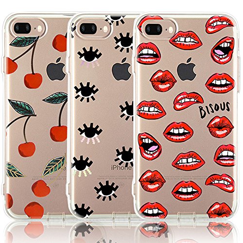 iPhone 8 Plus Case, iPhone 7 Plus Case, [3-Pack] CarterLily Eyes and Lips Design Pattern Soft Clear Flexible TPU Back Case for iPhone 7 Plus iPhone 8 Plus 5.5'' - Lips
