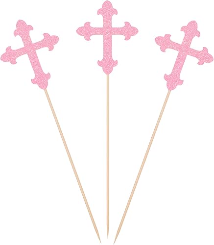 Juego de 10 palos de centro de mesa con purpurina rosa para bautizo y bautizo