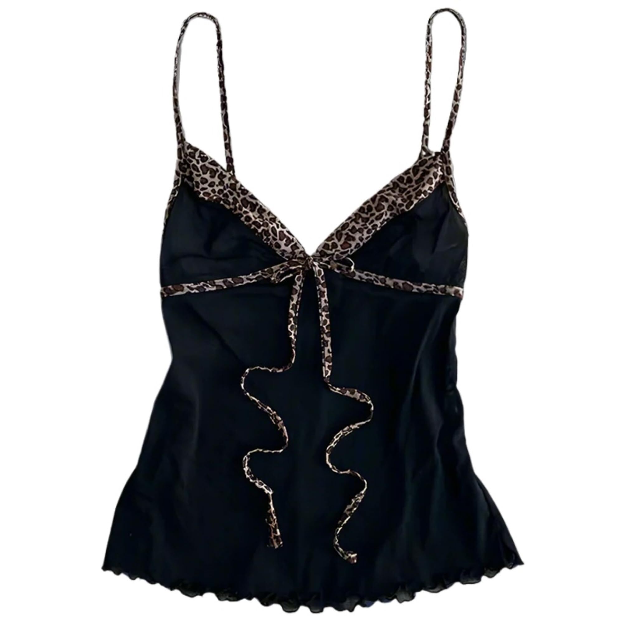 Cynefoa 2000s Emo Spaghetti Strap Coquette Cropped Top Vintage Grunge Camisole Y2k Cheetah Tops Streetwear(Black Leopard,Small)