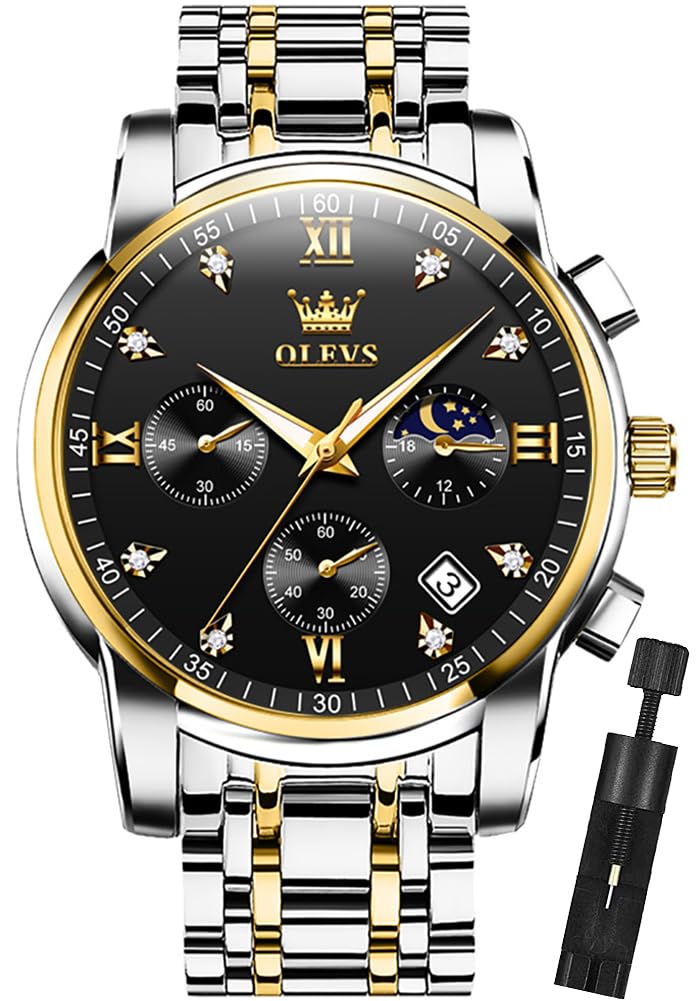 OLEVSMen Skeleton Watches Stainless Steel Analog Quartz Moon Phase Male Watch, Diamond Multi Calendar Chronograph Watch,Waterproof Wrist Watch for Men