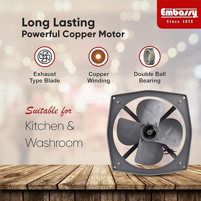 Image of Embassy Exhaust Fan 12 inch Trans Air DBB 300mm, 1350 RPM, Power 50w For Bathroom, Kitchen, Office | 2 Year Warranty | Copper Winding | Double ball bearing | Cut Out size 12x12 square inches