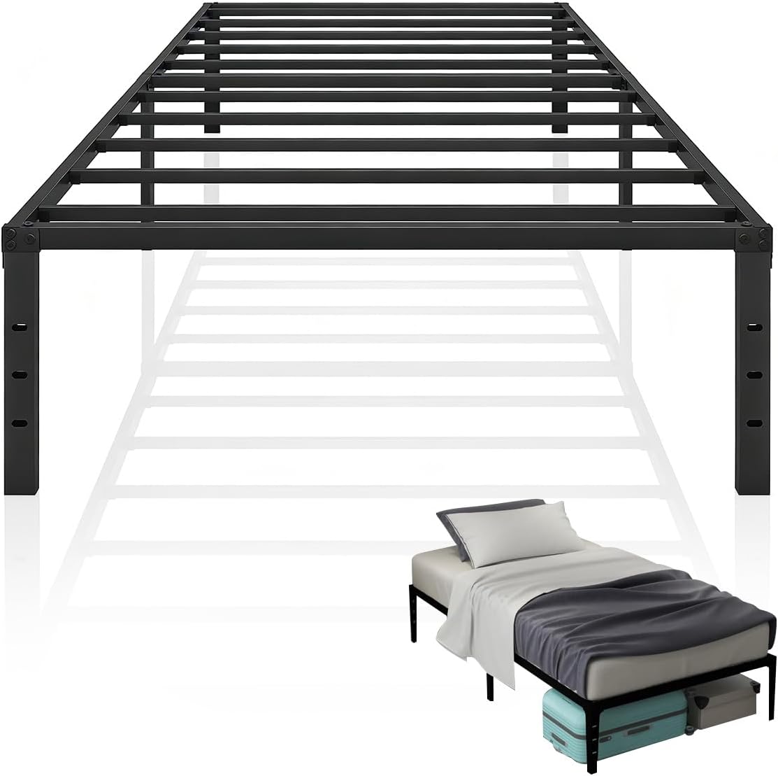 Metal Bed Frame, Single Size Iron Platform Bed 190x95cm Underbed Storage Folding Full Size Mattress Foundation Twin Bed Frame, Heavy Duty Noise Free for Dorm Bedroom Easy Assembly 75x37.5in